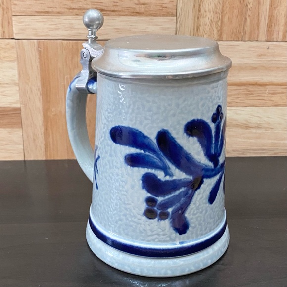 Vintage REIN ZINN 0.5L Blue & White German Stoneware Beer Stein Pewter Mug - Picture 1 of 14